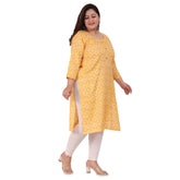 Yellow capsule straight kurti for women's office wear, featuring printed design, round neck with buttons, 3/4th sleeves, side slit, and open sides